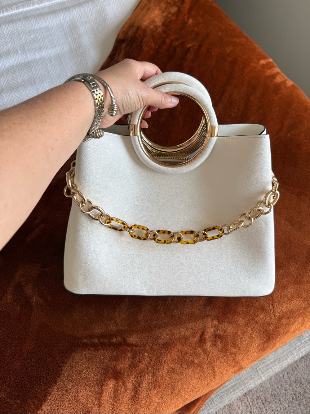 Aldo Ivory Shoulder Bag with Gold Ring Handles